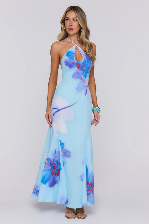 Blooming Tide Halter Maxi Dress Blue