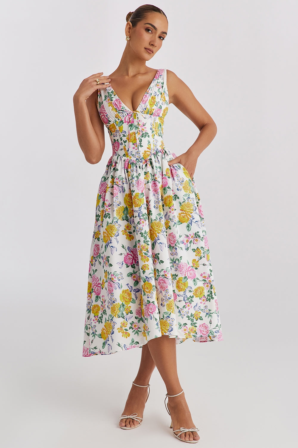 white vintage rose print cotton corset sundress