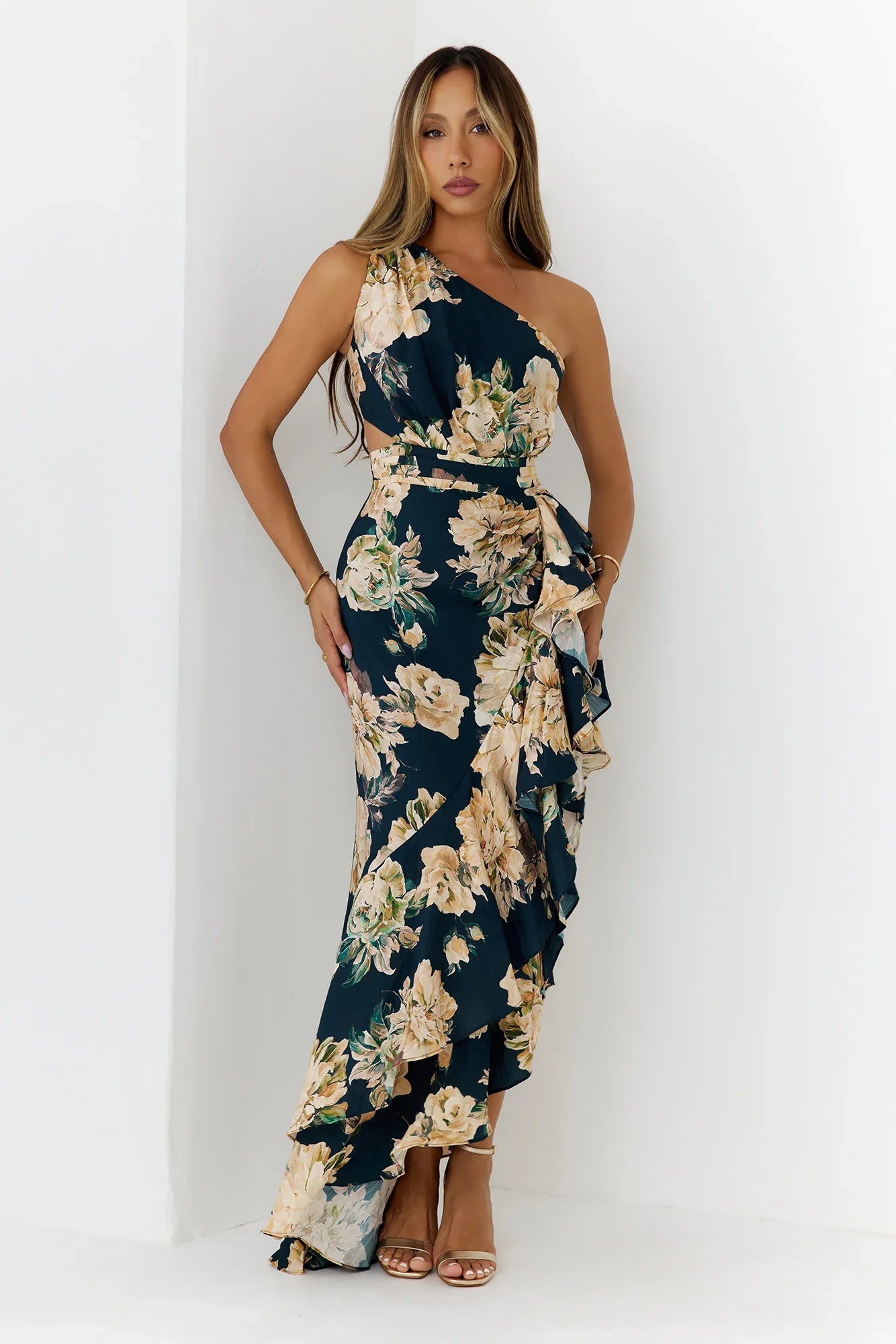 Floral One Shoulder Cutout Maxi Dress Navy
