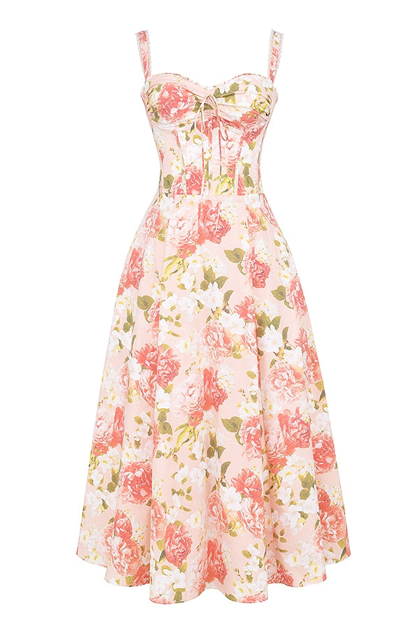 pink peony print cotton bustier sundress