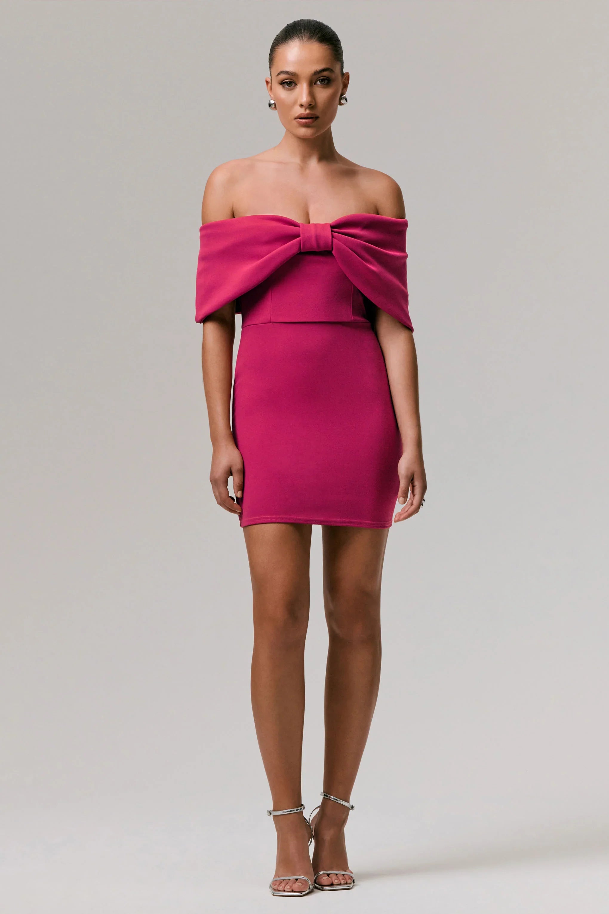 Sadie | Hot Pink Bow Bardot Mini Dress