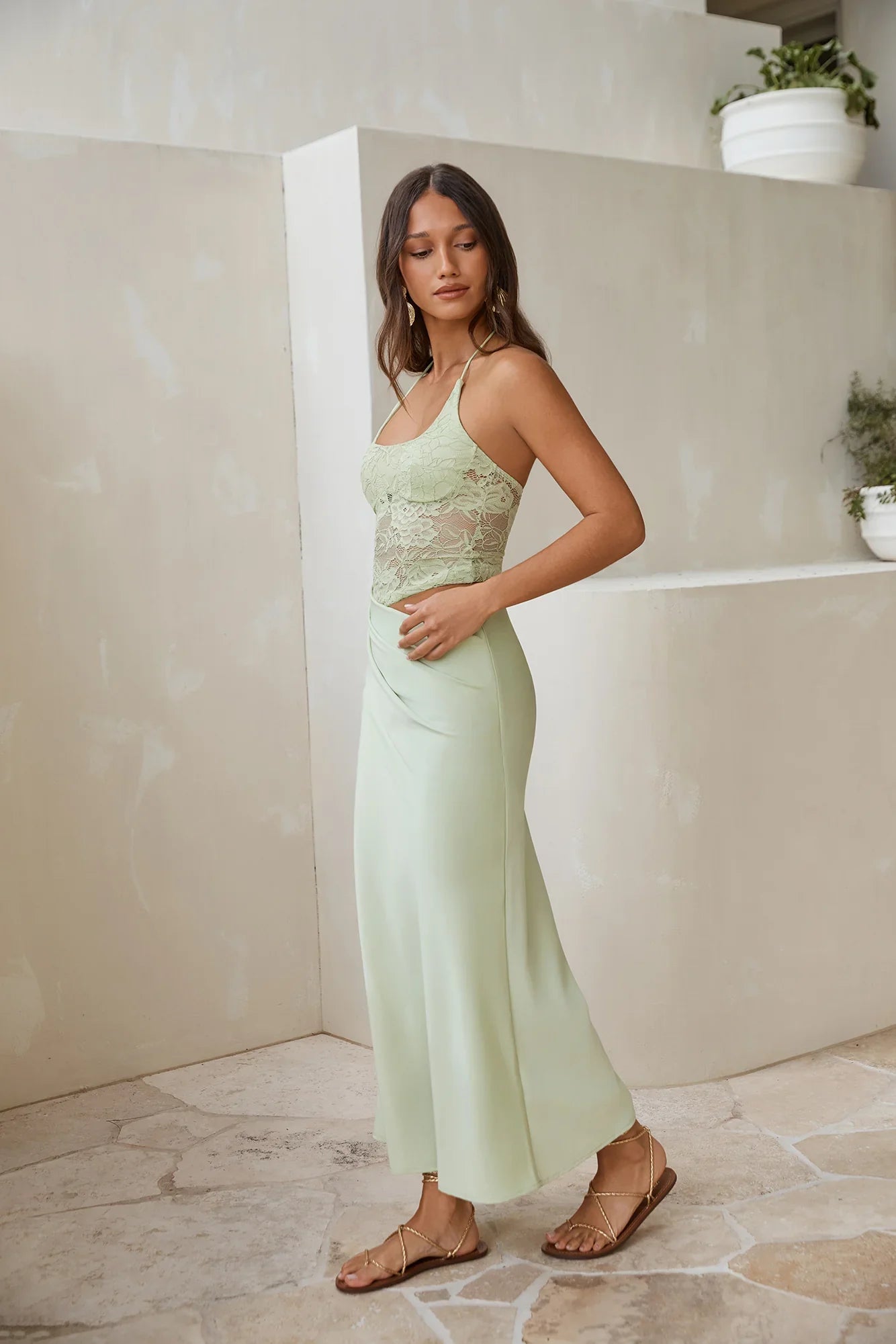 Dreamdays Halter Lace Maxi Dress Sage