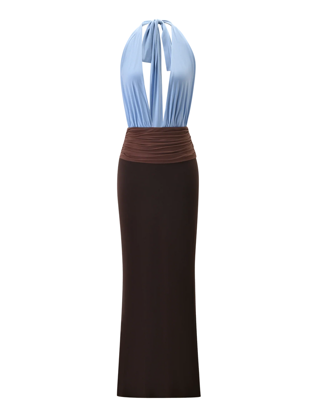 JENNI PLUNGE MAXI DRESS -  BLUE AND BROWN