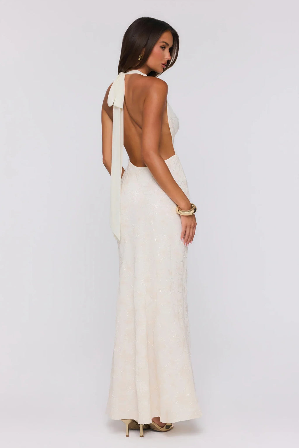 Bling It Babe Beaded Halter Maxi Dress Cream