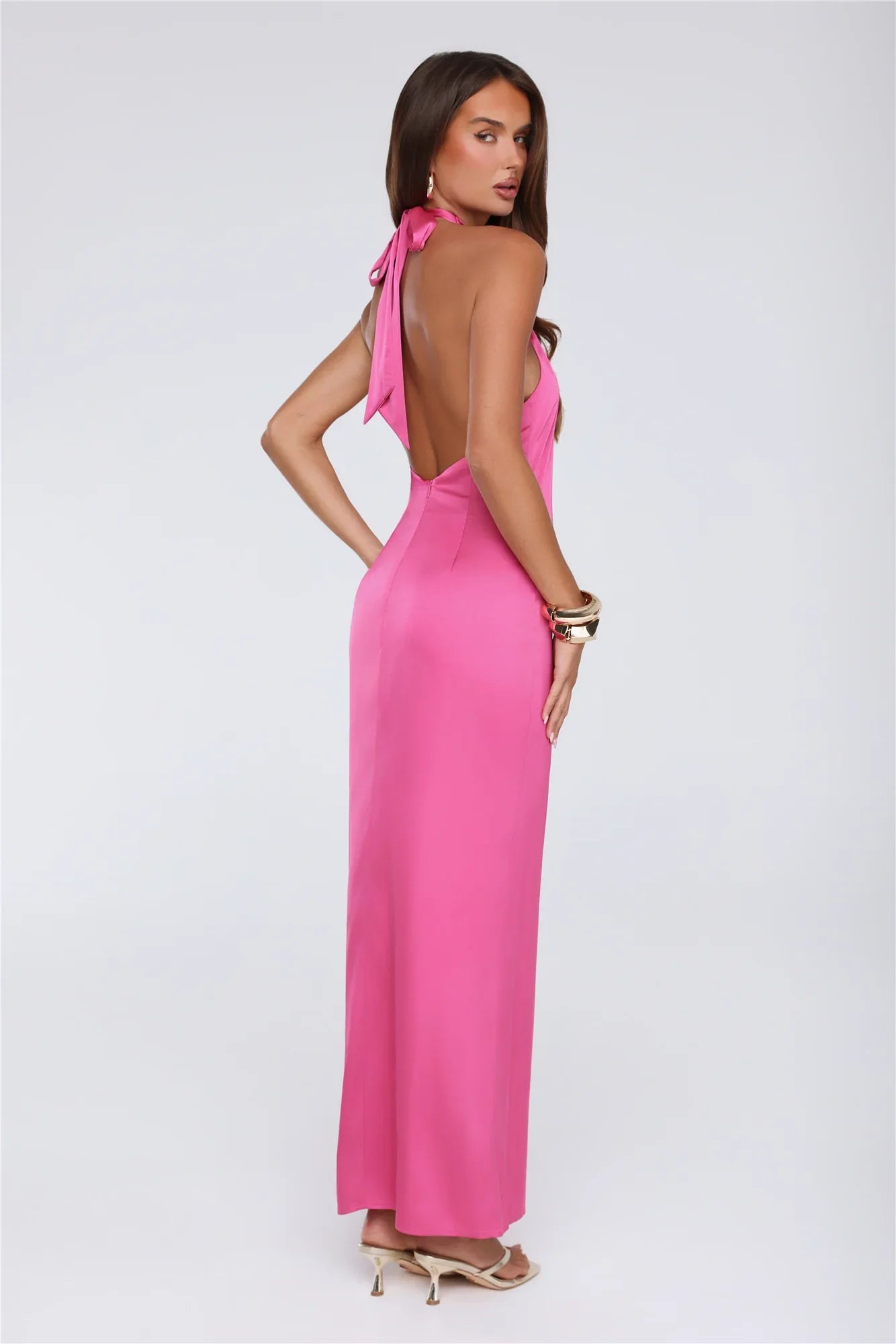 Outfit Energy Satin Halter Maxi Dress Pink