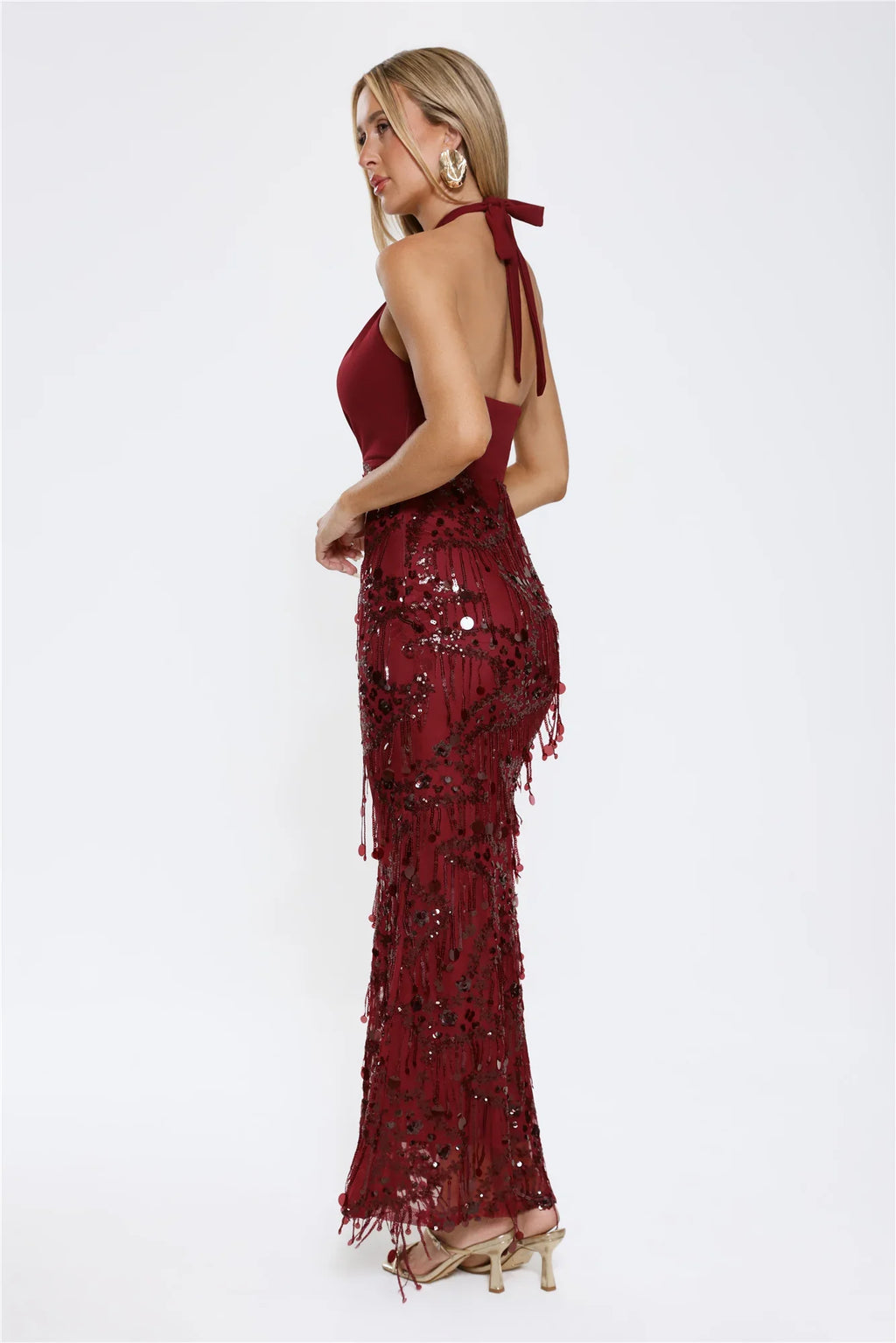 Spin For Me Sequin Halter Maxi Dress Burgundy