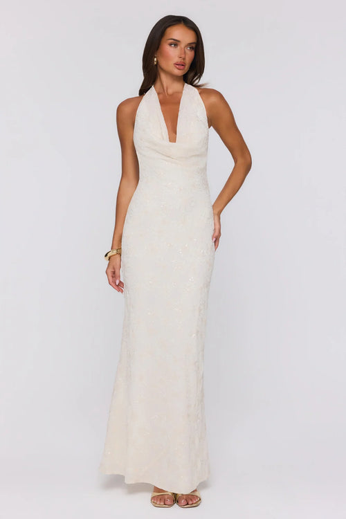 Bling It Babe Beaded Halter Maxi Dress Cream