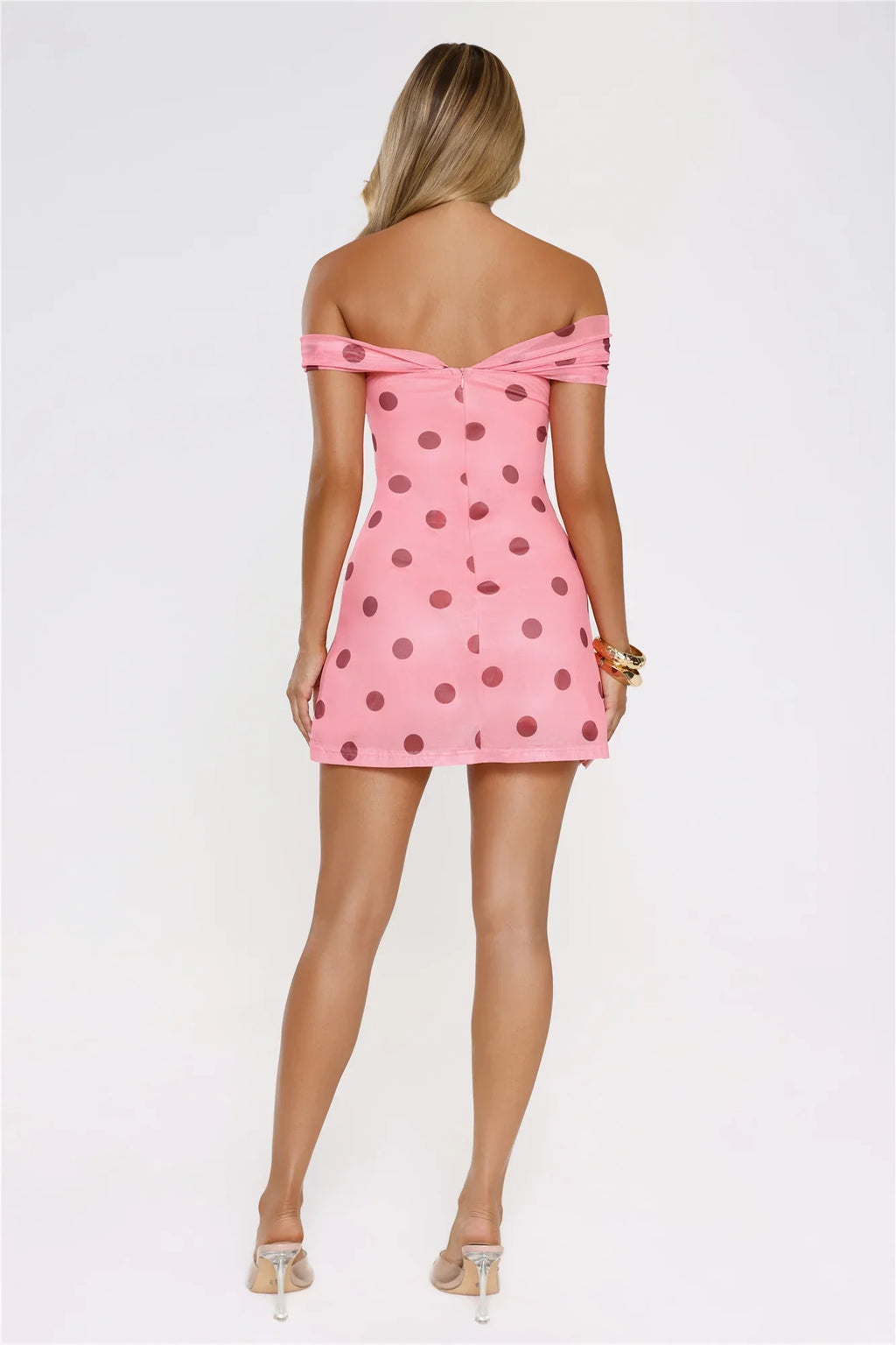 Take The Hint Off Shoulder Mesh Polka Dot Mini Dress Pink