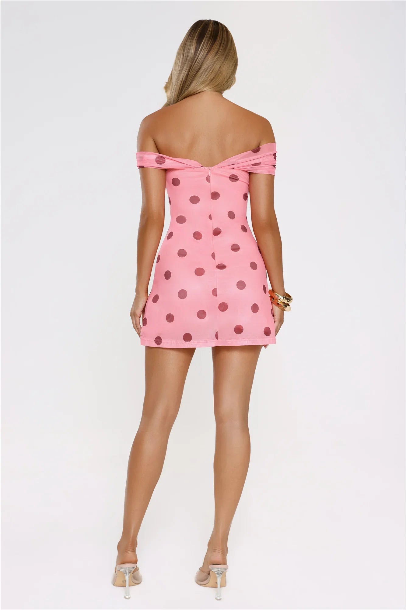 Take The Hint Off Shoulder Mesh Polka Dot Mini Dress Pink