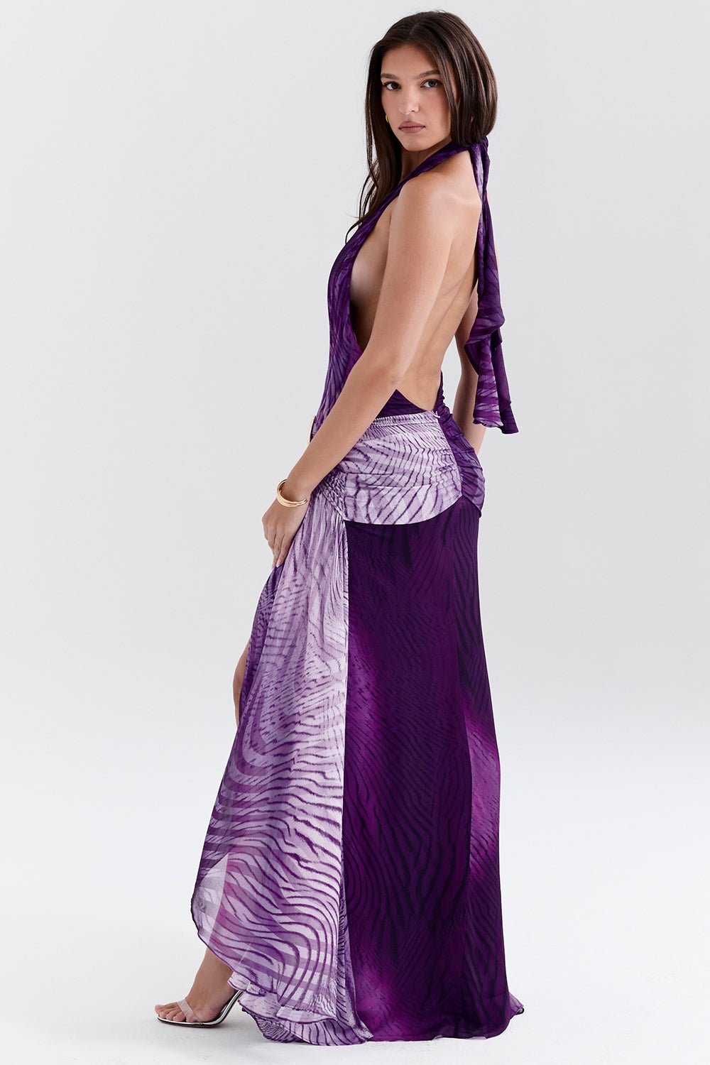 orchid backless halter maxi dress