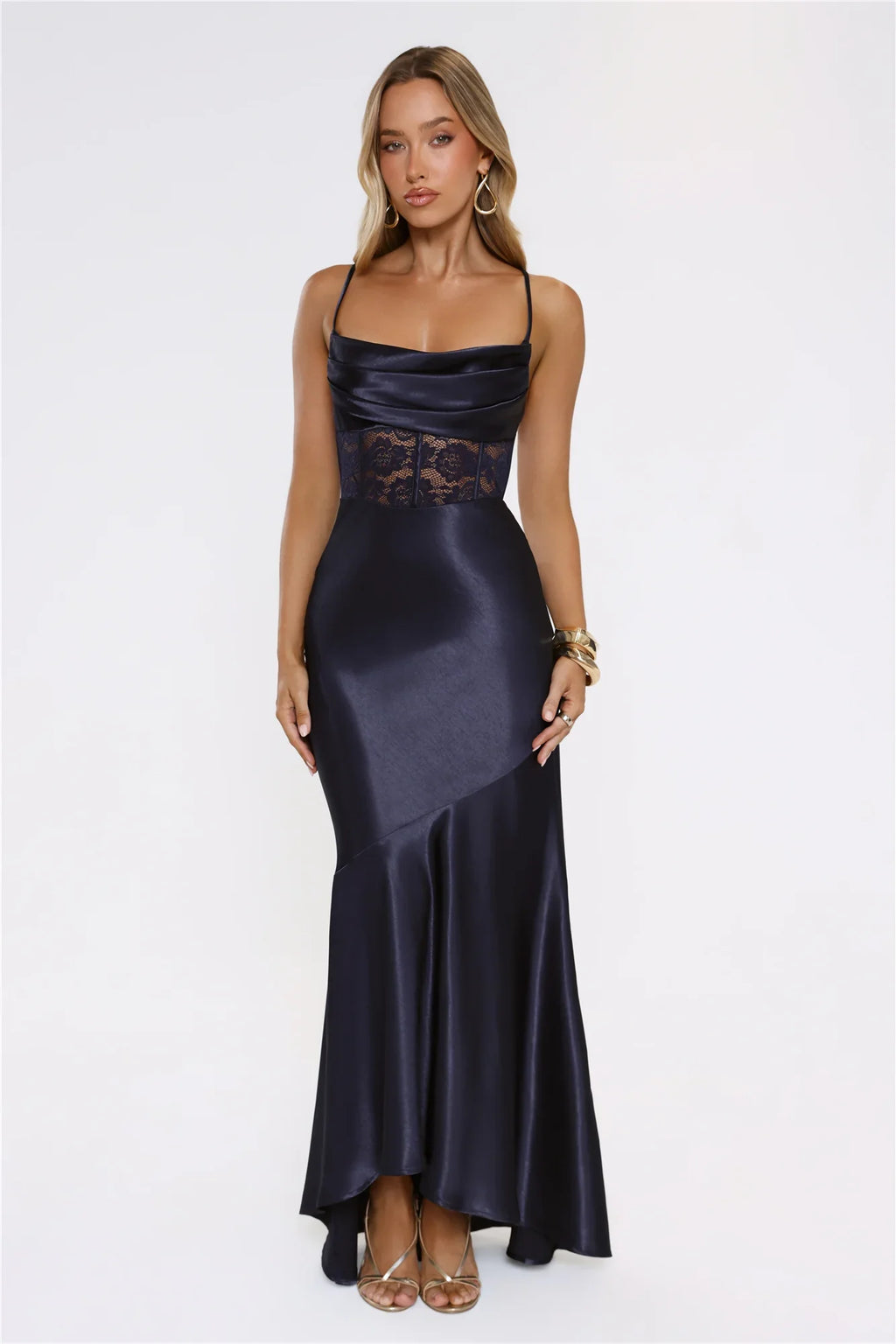 Moments In Silk Satin Maxi Dress Navy