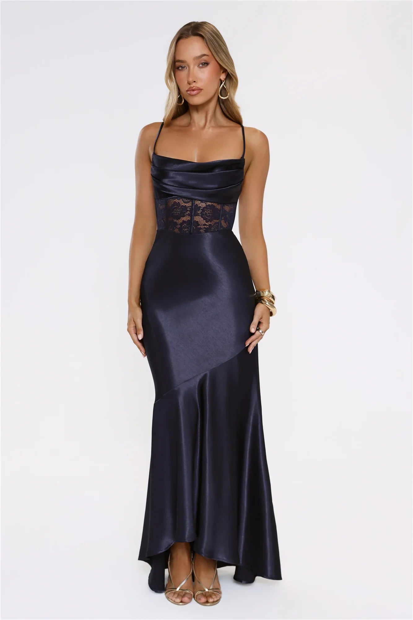 Moments In Silk Satin Maxi Dress Navy