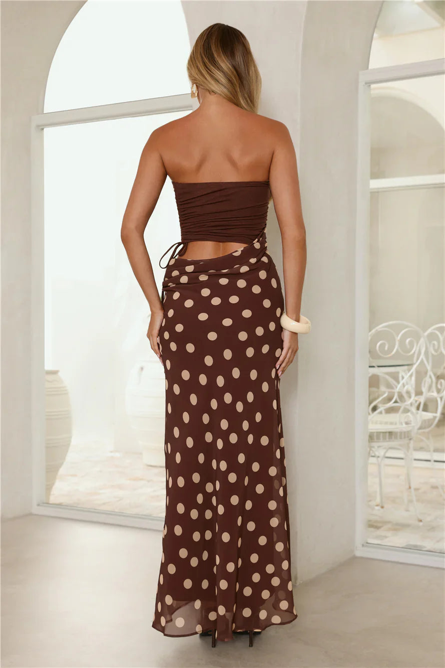Lovergirl Energy Polka Dot Strapless Maxi Dress Brown