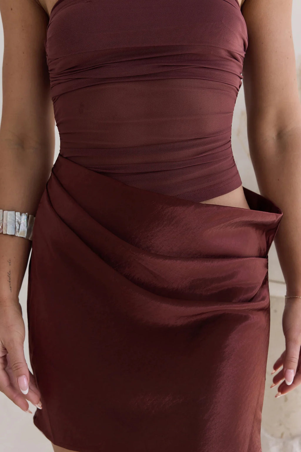 Call Me Darling Strapless Mesh Mini Dress Brown