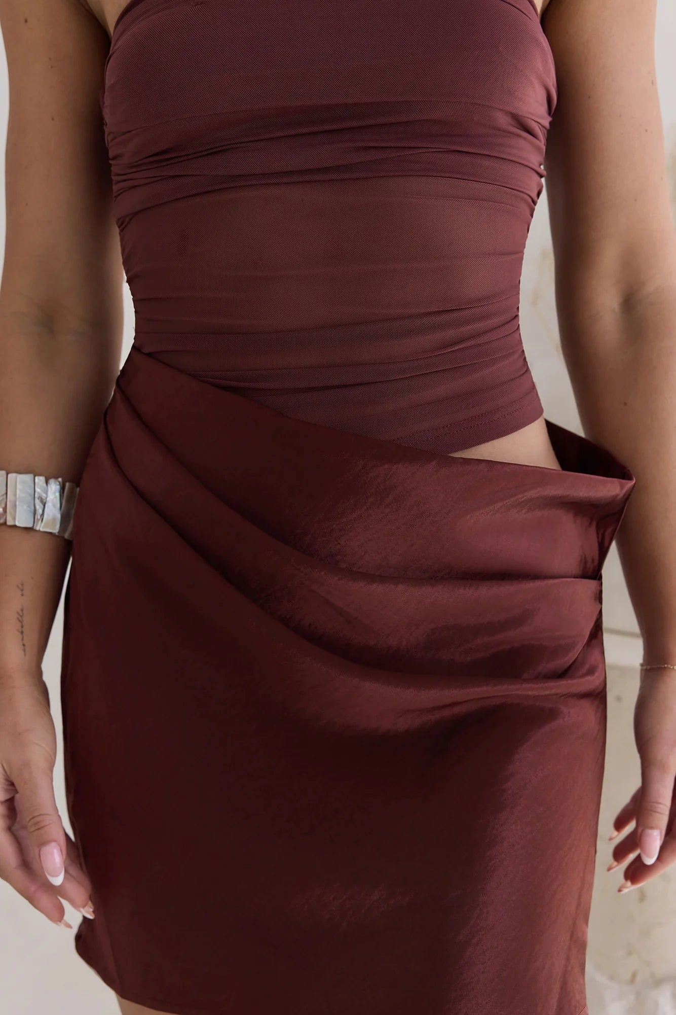 Call Me Darling Strapless Mesh Mini Dress Brown