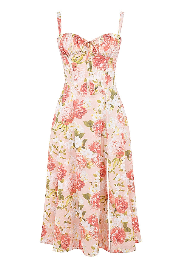 pink peony print cotton bustier sundress