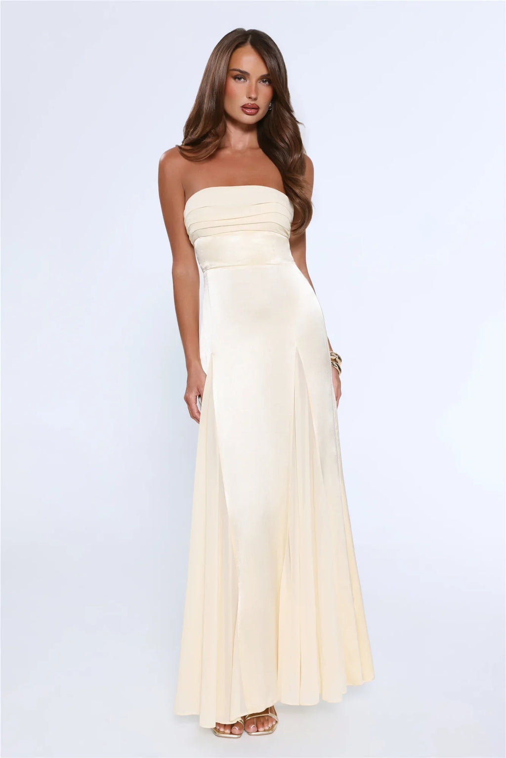 Statement Shine Strapless Satin Maxi Dress Yellow