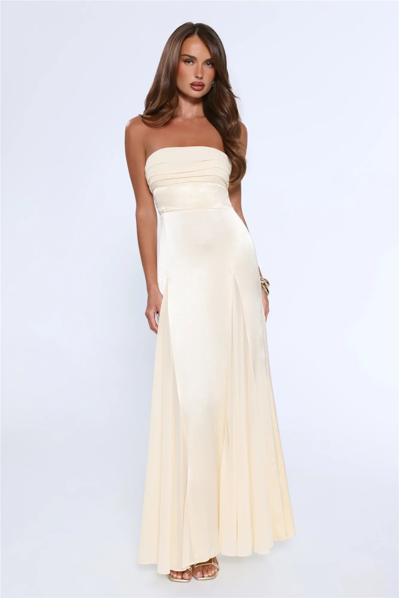 Statement Shine Strapless Satin Maxi Dress Yellow