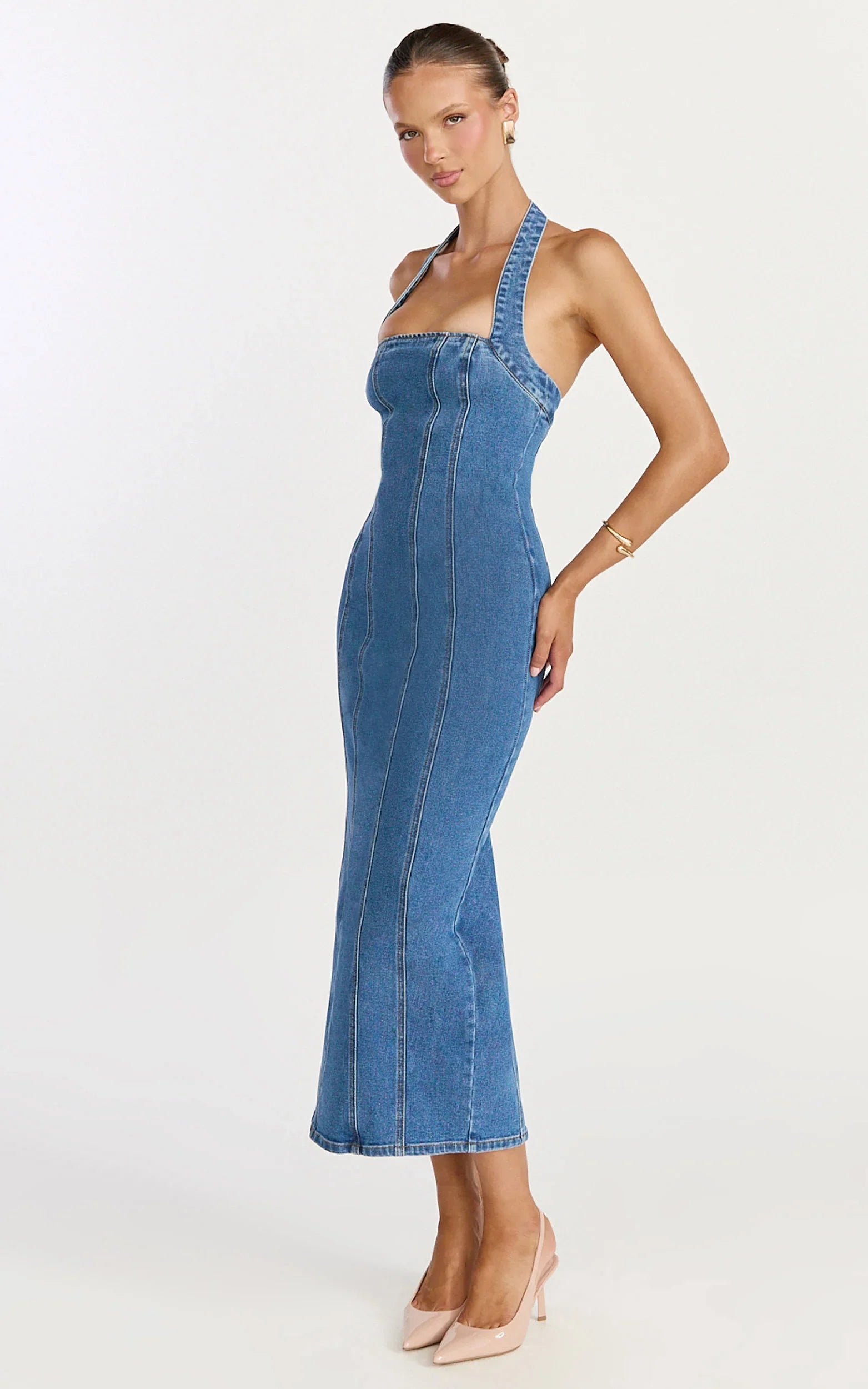 Skye Midi Dress - Halter Neck Panelled Denim Dress in Mid Blue Wash