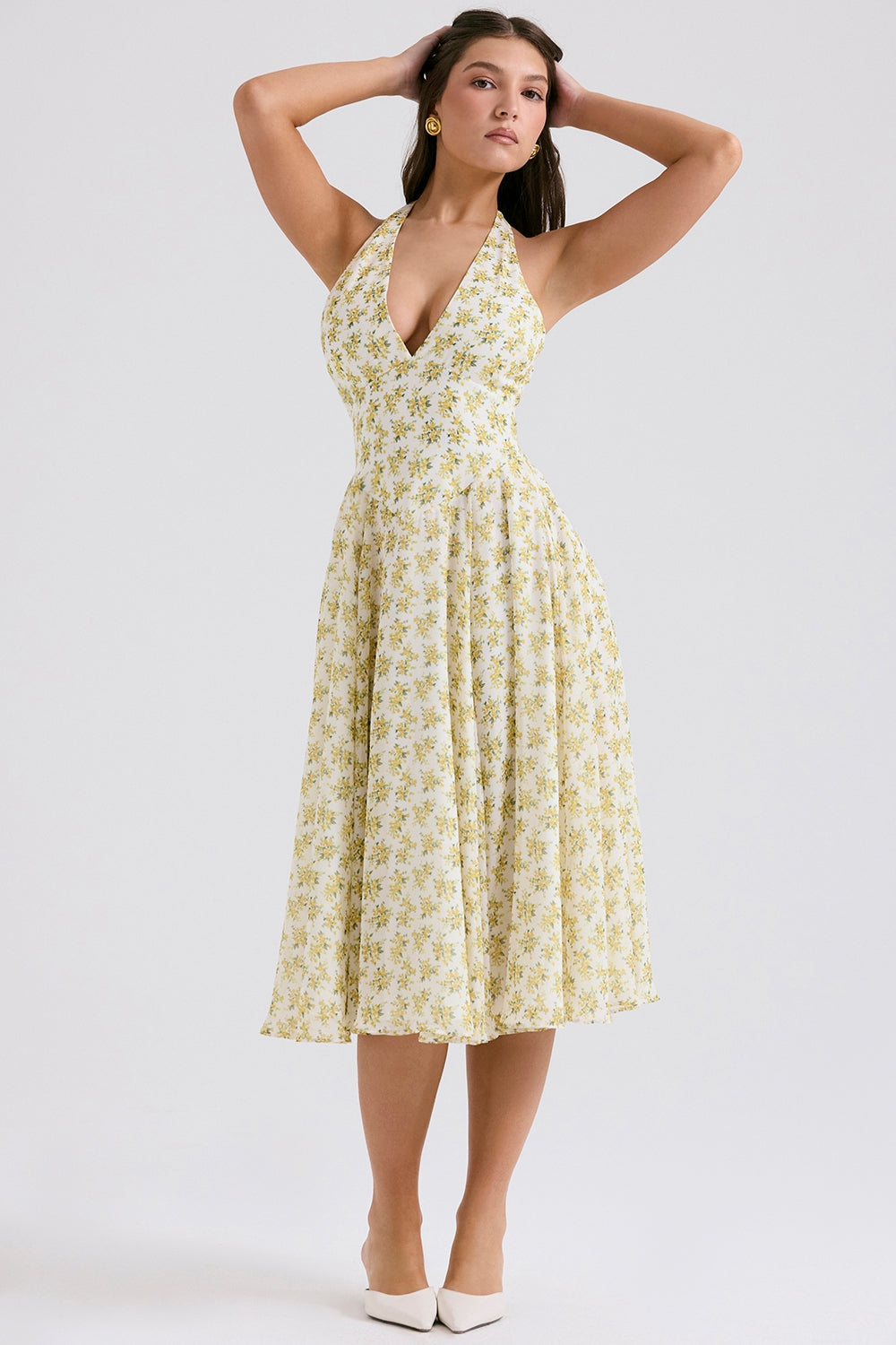 ivory vintage floral print georgette halter sundress