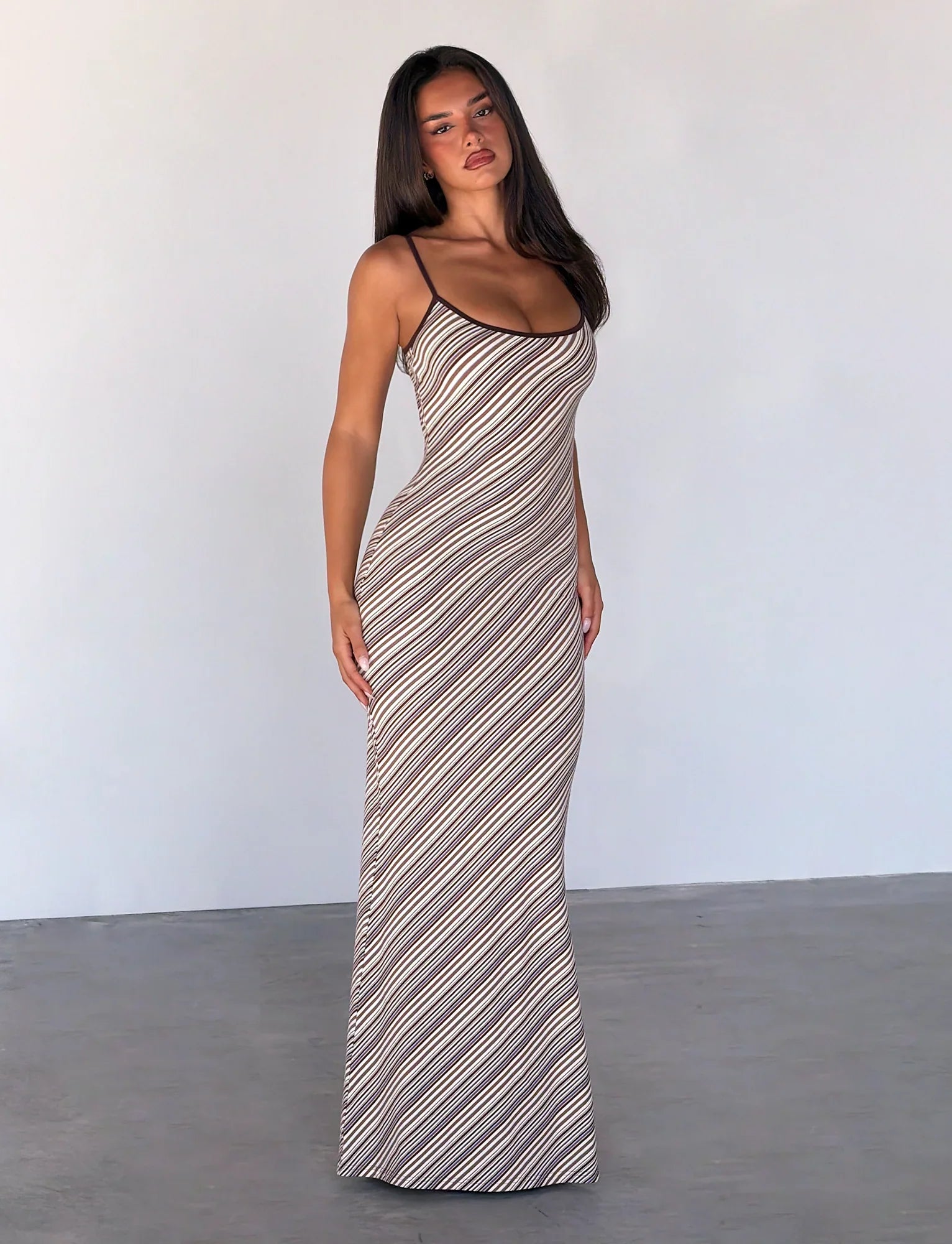 SLOANE MAXI DRESS - TAN AND CHOC STRIPE