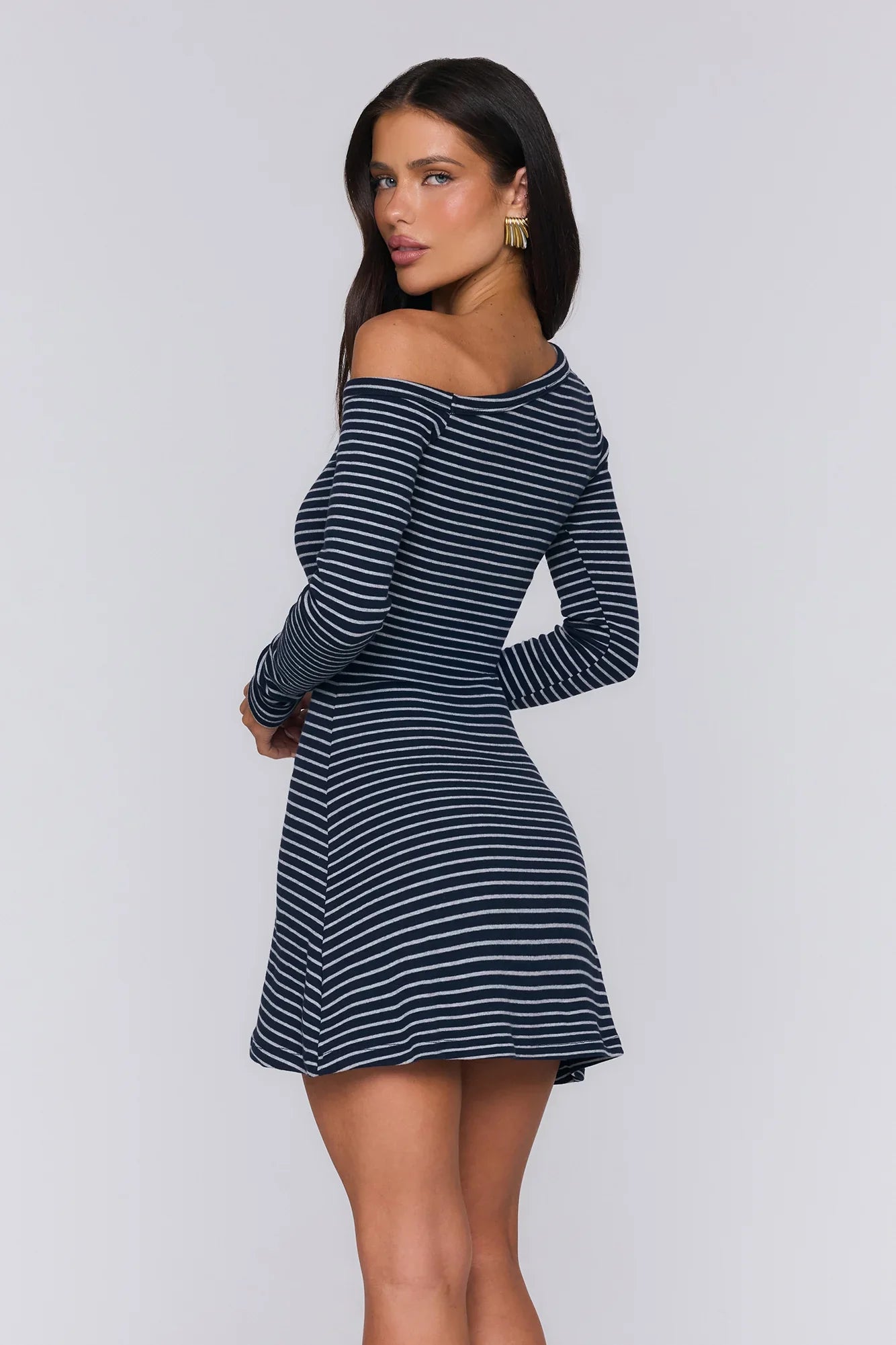 BASE Luxe Rib Off Shoulder Long Sleeve Mini Dress Navy Grey Stripe