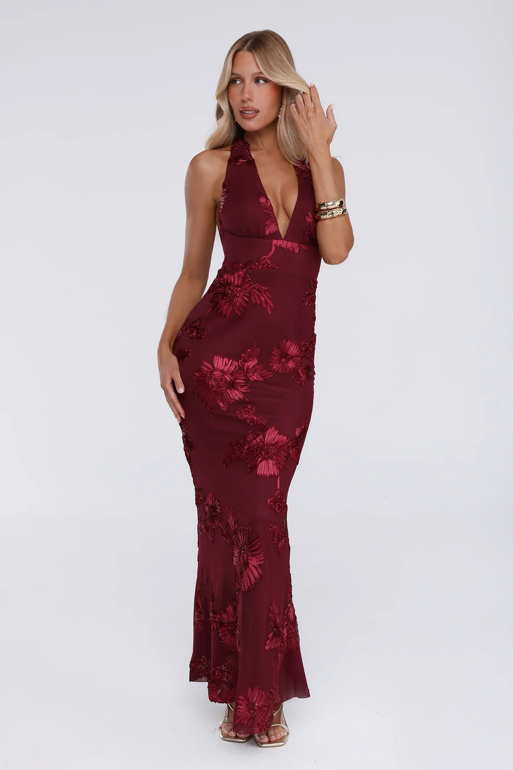 Lime Light Mesh Halter Maxi Dress Wine