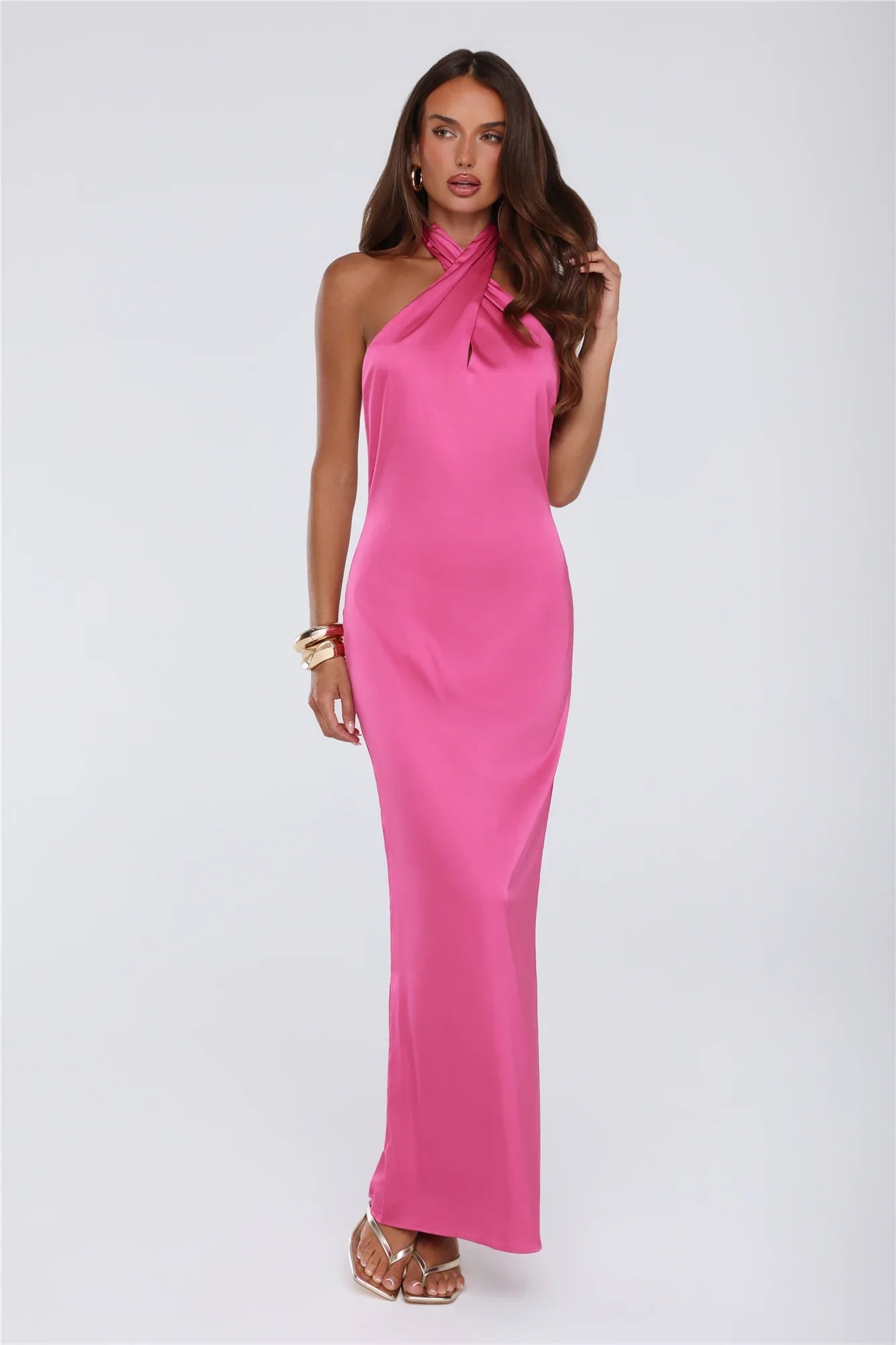 Outfit Energy Satin Halter Maxi Dress Pink