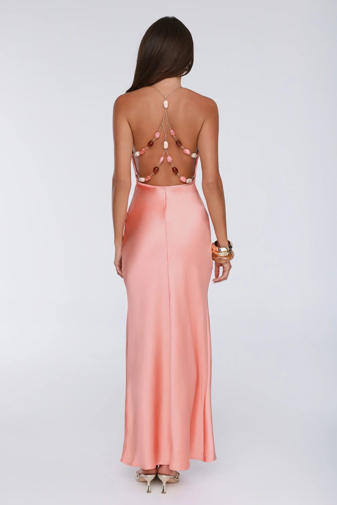 Pearl Indulgence Satin Maxi Dress Peach