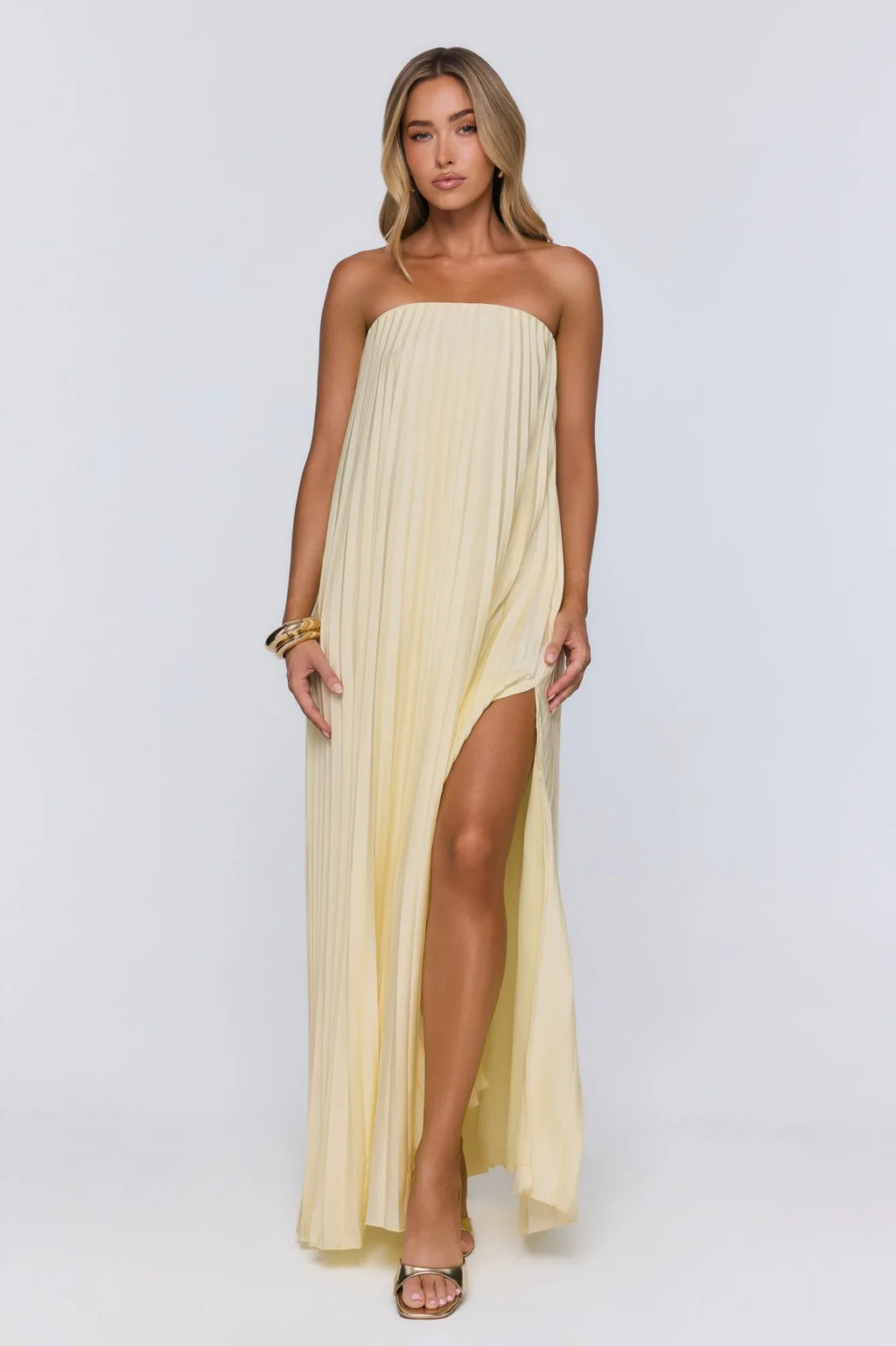 Moonlit Sea Pleated Strapless Maxi Dress Lemon