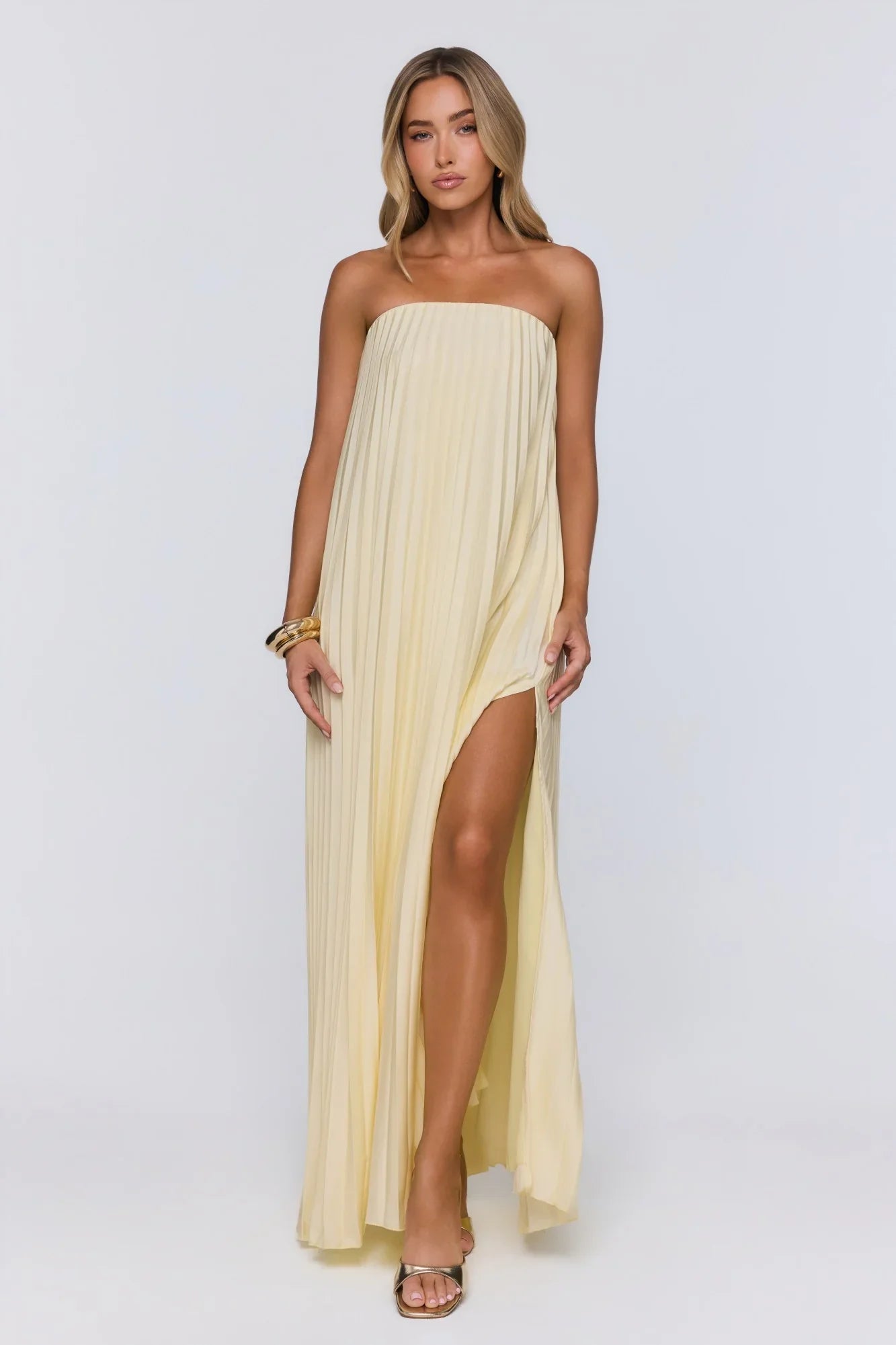 Moonlit Sea Pleated Strapless Maxi Dress Lemon