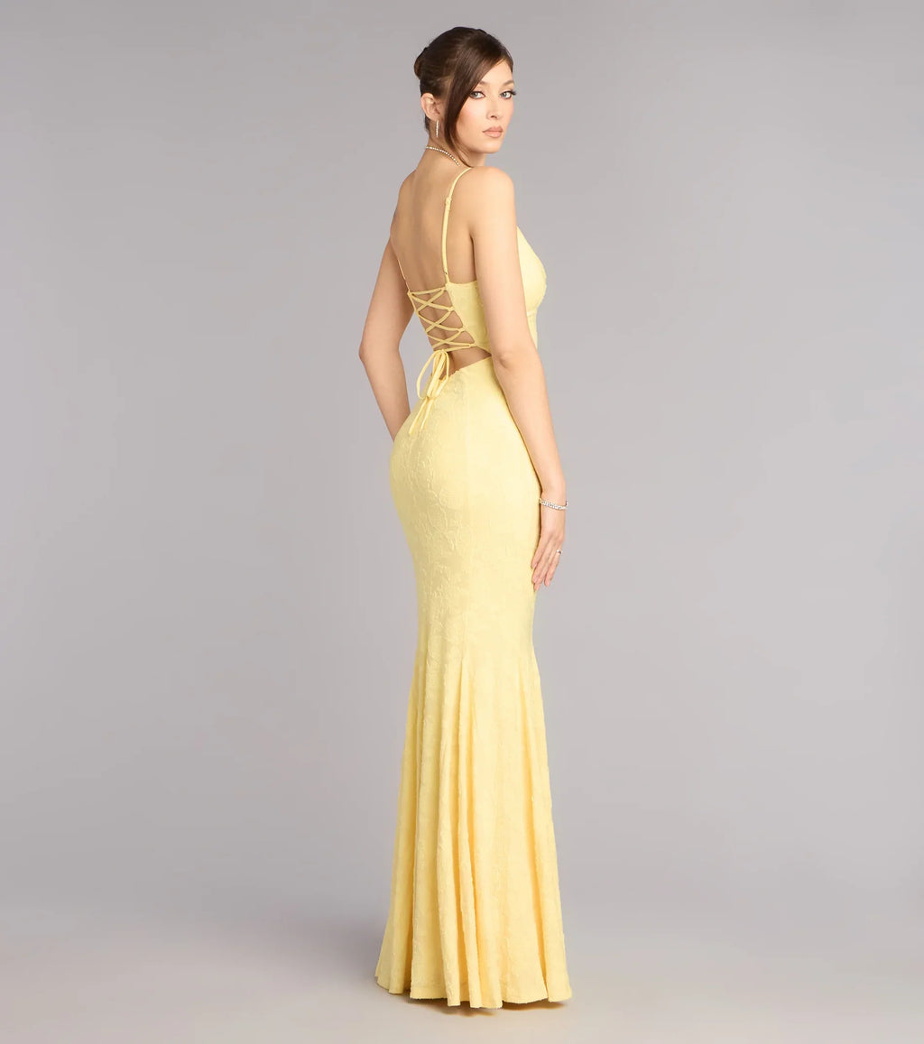 Payton Floral Jacquard Lace-Up Mermaid Dress