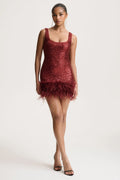 Rosalinda | Burgundy Sequin Square-Neck Mini Dress With Feather Trim