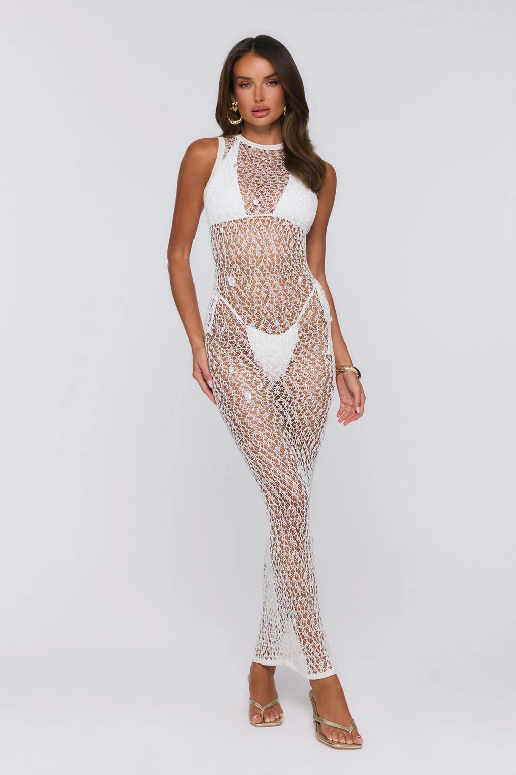 Main Event Ready Crochet Pearl Sheer Maxi Dress Cream