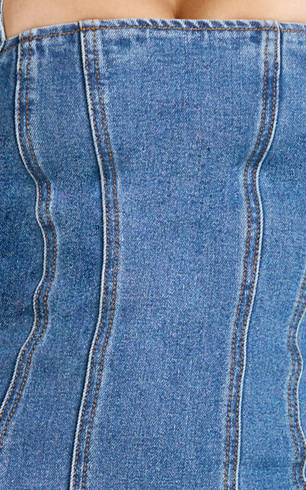 Skye Midi Dress - Halter Neck Panelled Denim Dress in Mid Blue Wash