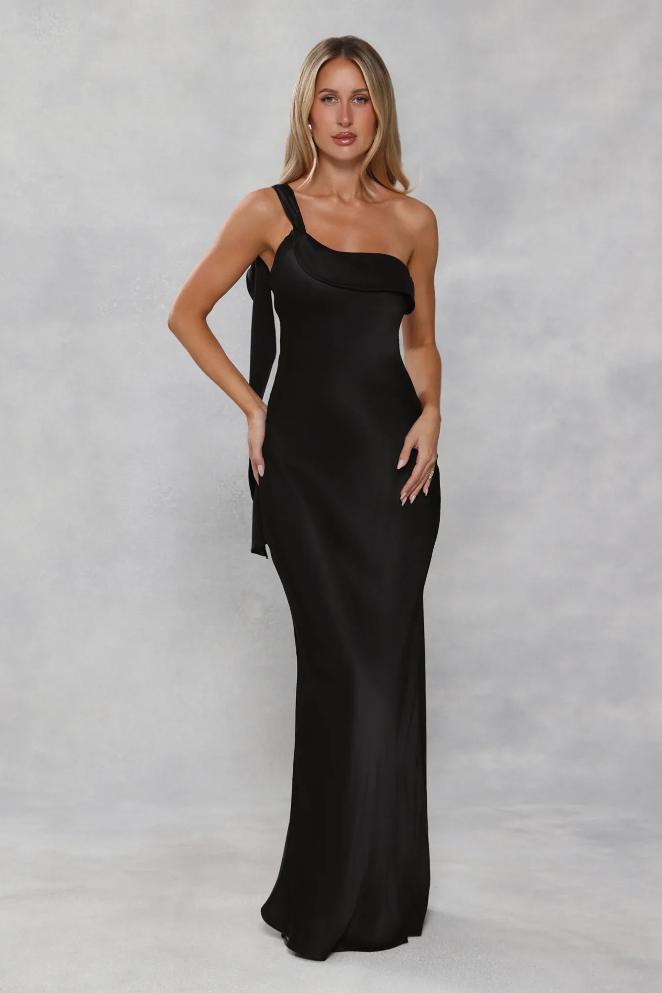 The Zafira One Shoulder Satin Maxi Dress Black
