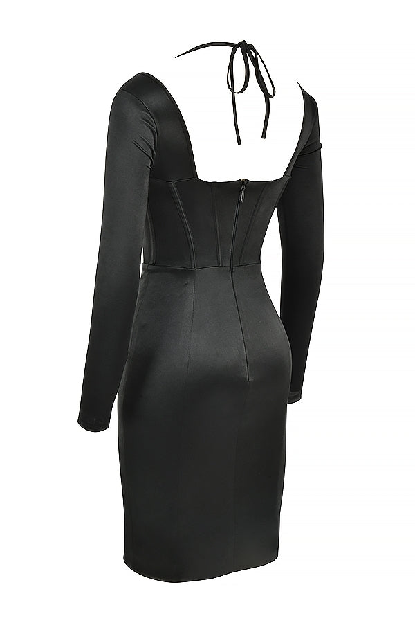 black disco satin corset dress