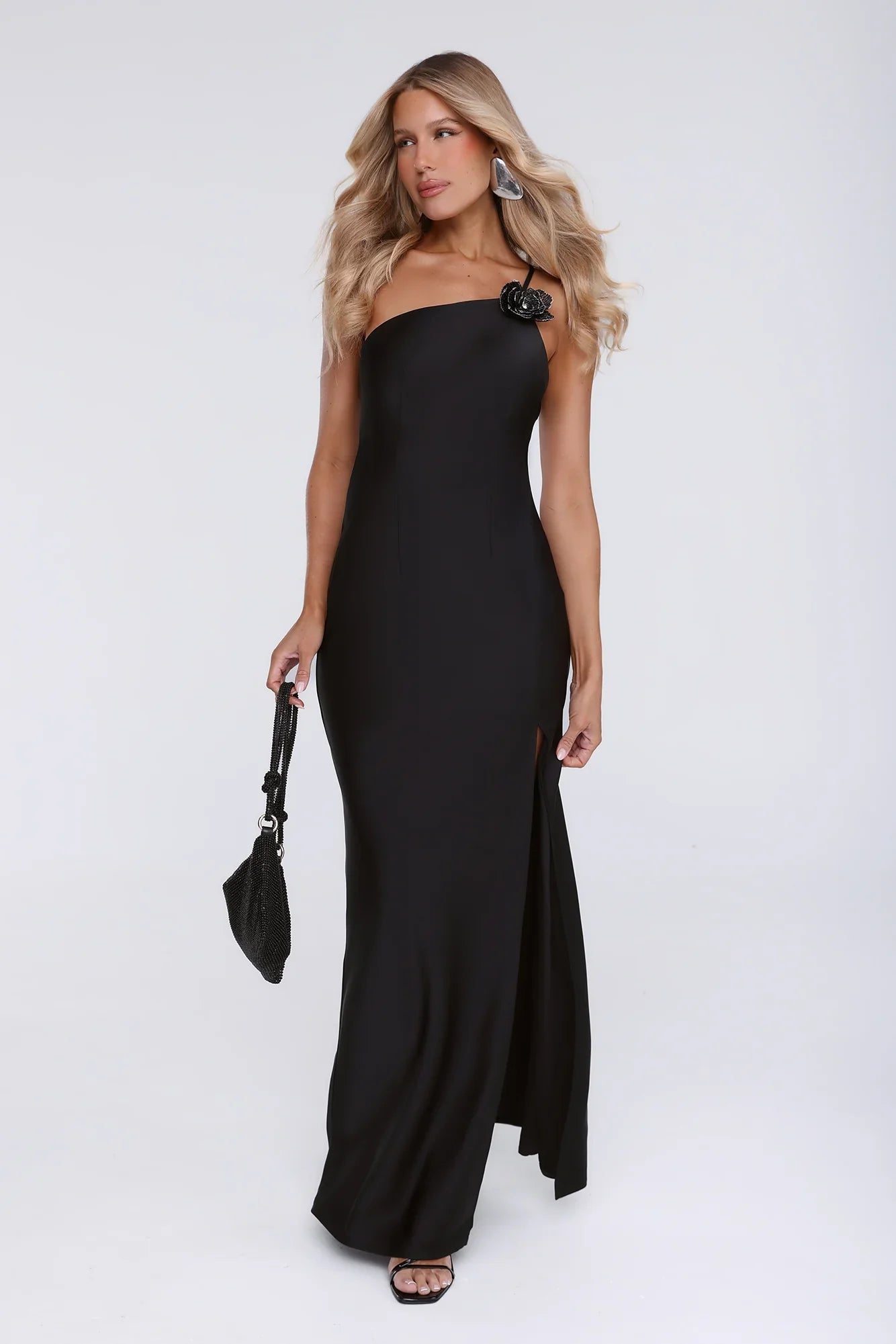 Honeytusk Satin One Shoulder Maxi Dress Black