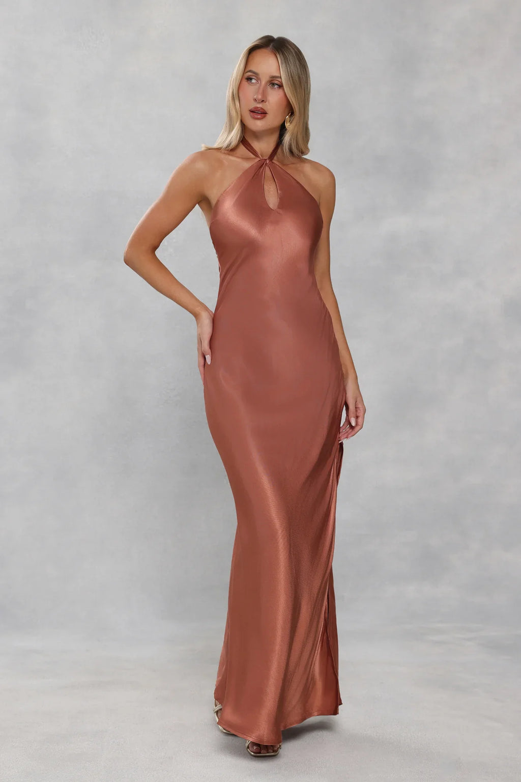 The Delilah Satin Halter Maxi Dress Bronze