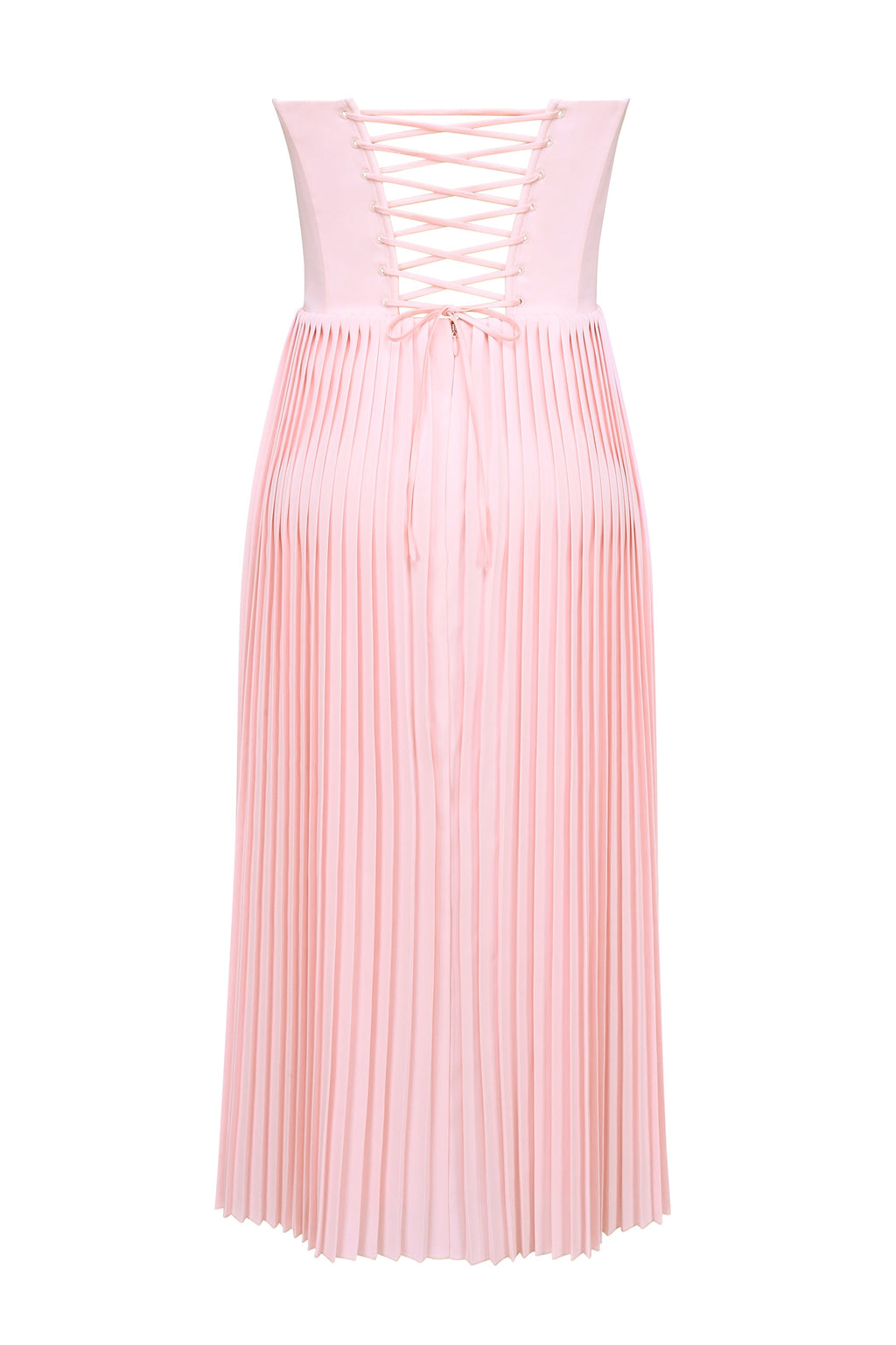pink pleated midi corset dress