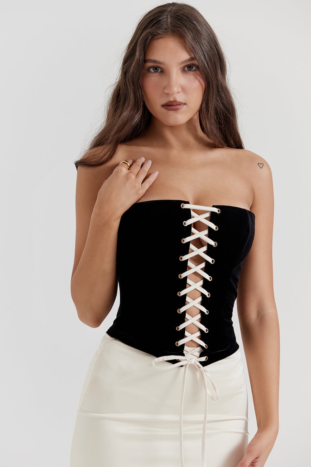 black & vintage cream strapless corset dress
