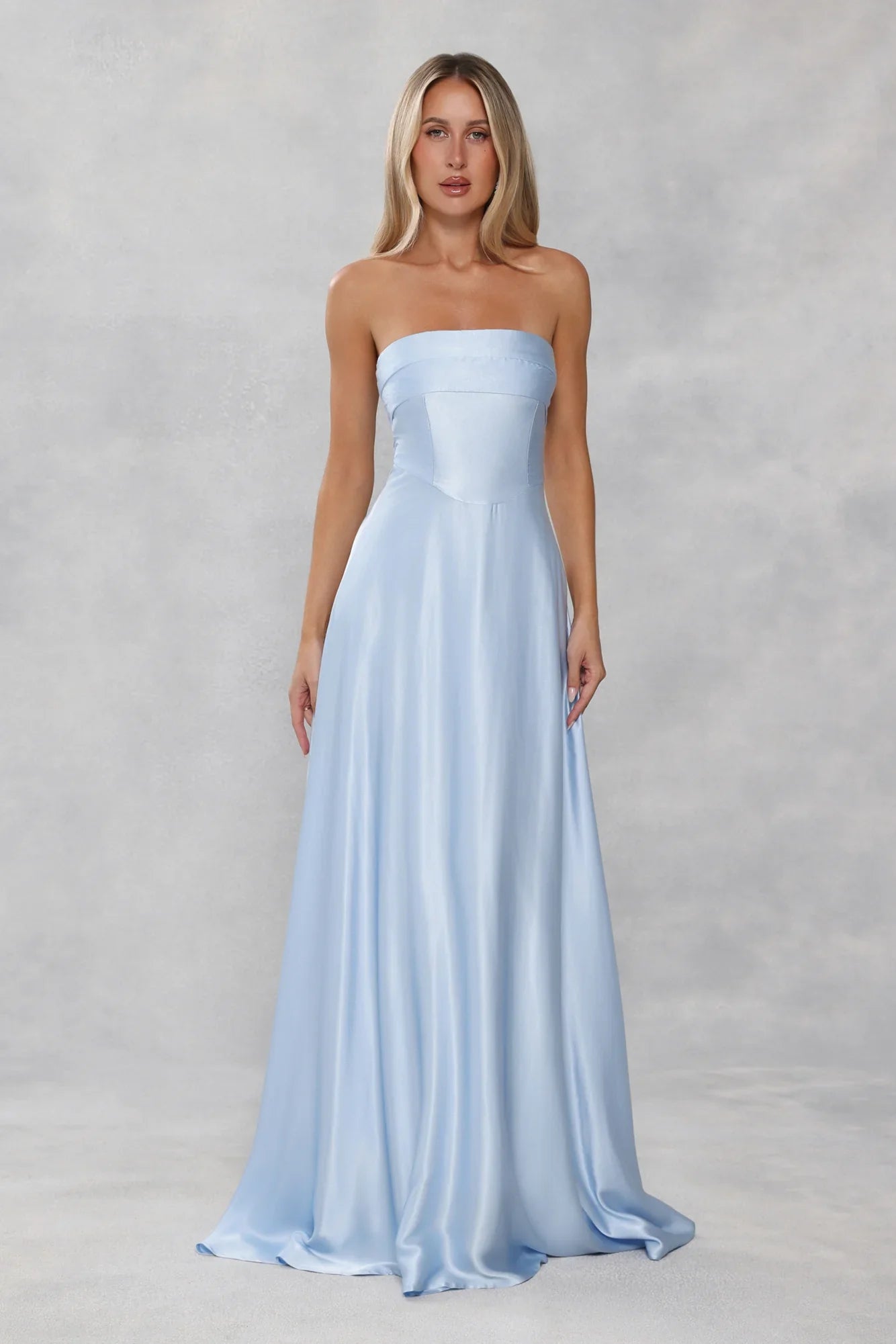 The Serina Strapless Satin Maxi Dress Light Blue