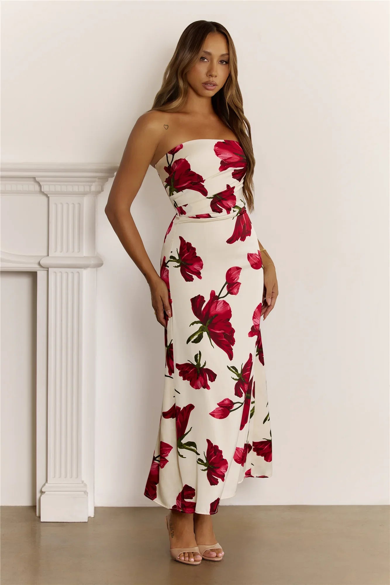 Floral Satin Strapless Folded Maxi Dress Red