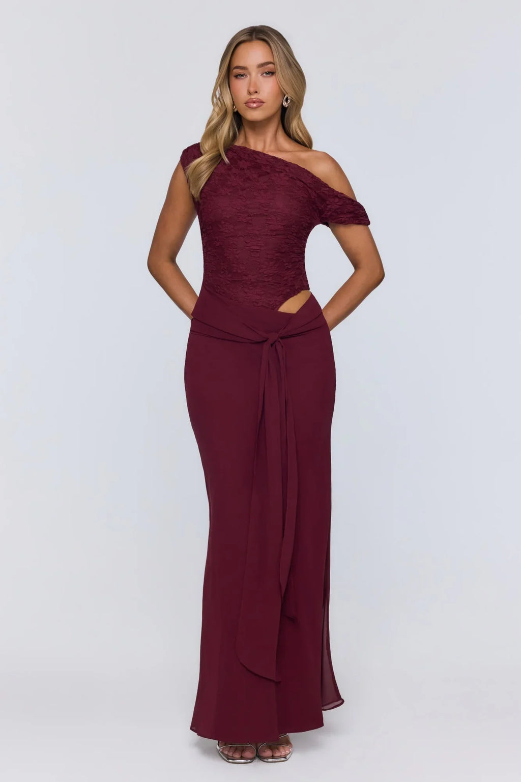 Modern Heritage Off Shoulder Maxi Dress Burgundy