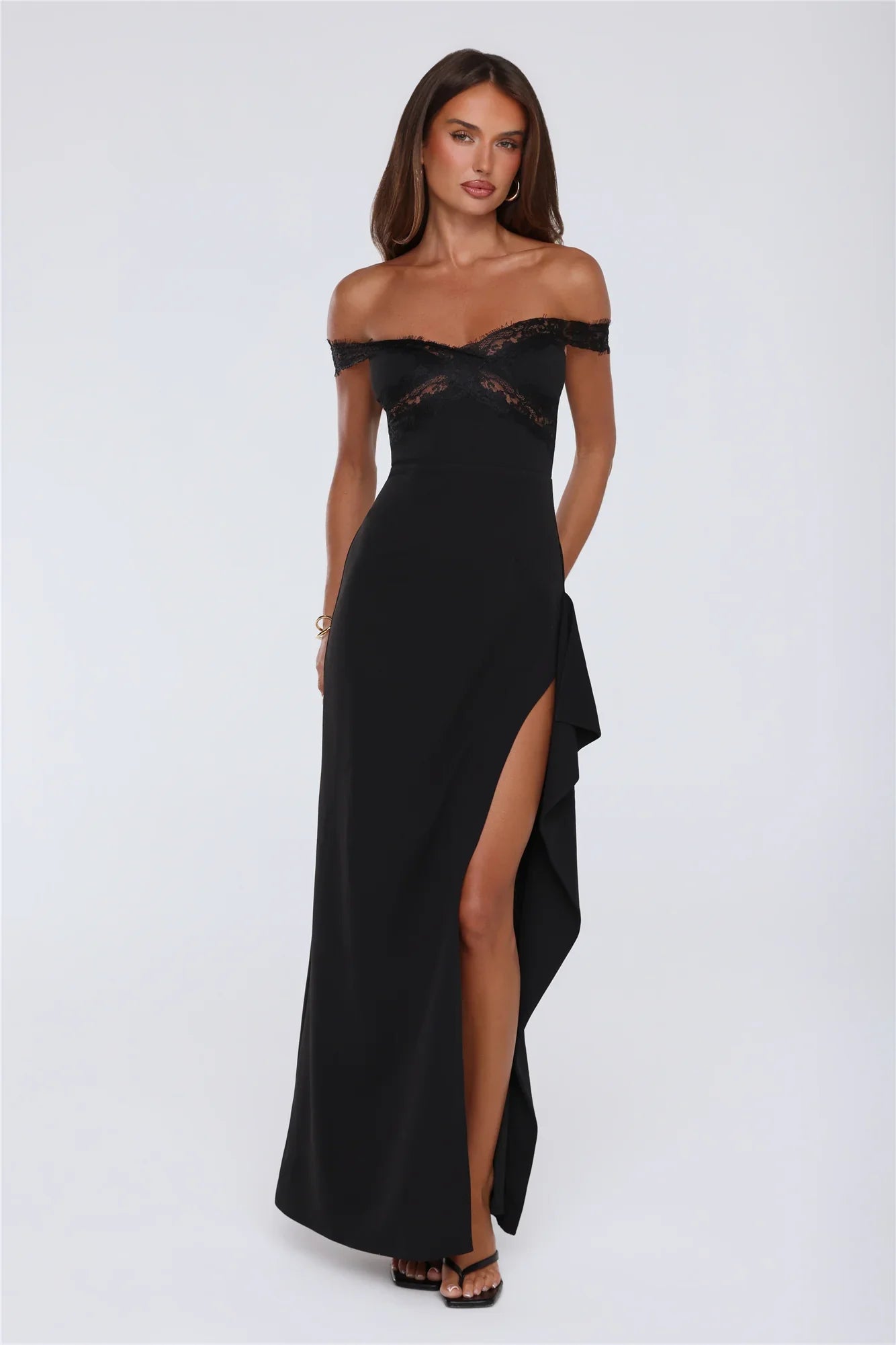 Ethereal Lace Off Shoulder Maxi Dress Black