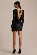 Mercedes | Black Sequin Boat-Neck Mini Dress With Draped Detail And Open Back