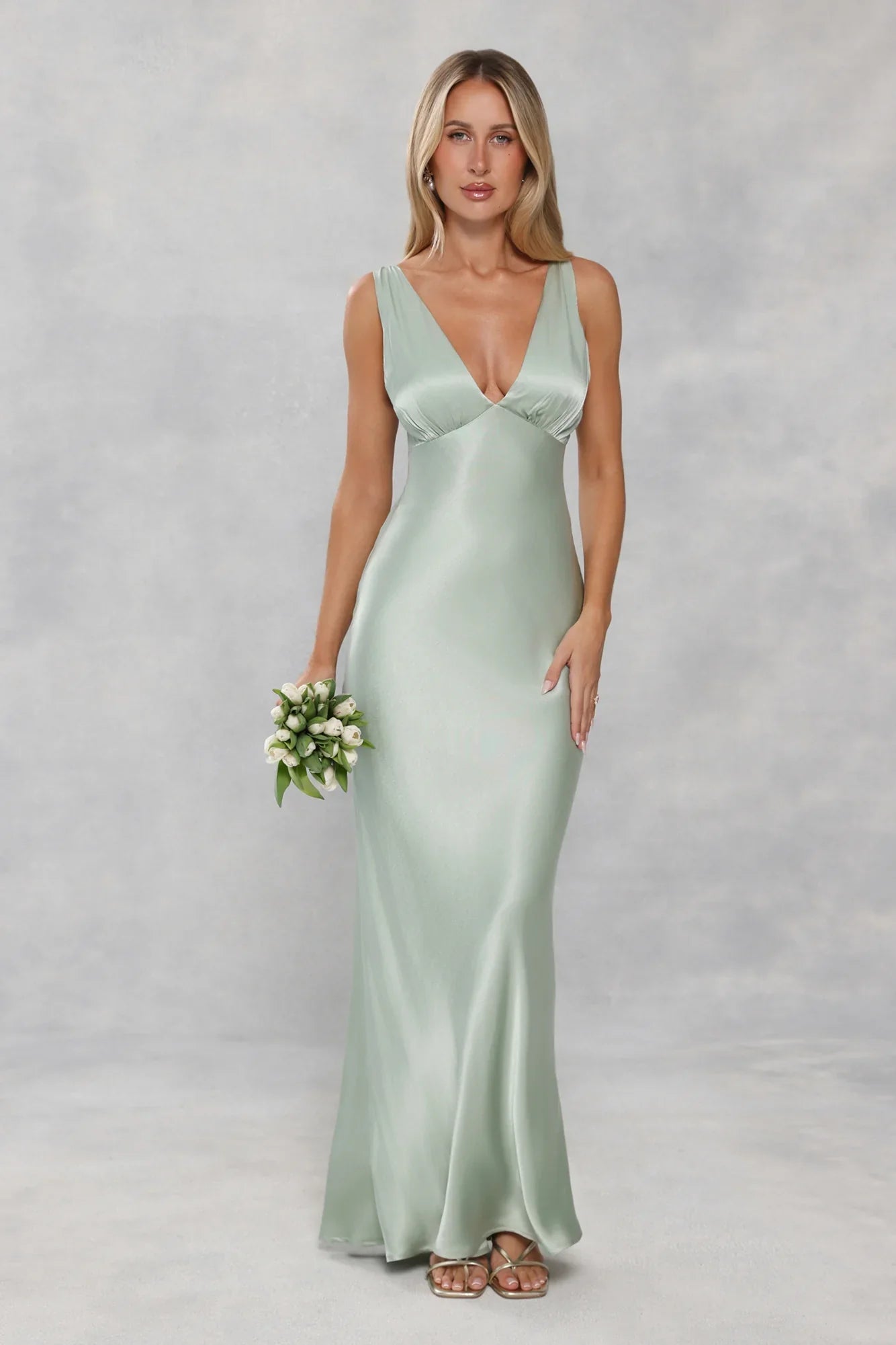 The Isabeau Satin Maxi Dress Sage Green