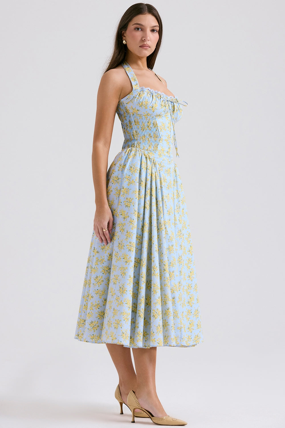 soft blue vintage floral print cotton halter sundress