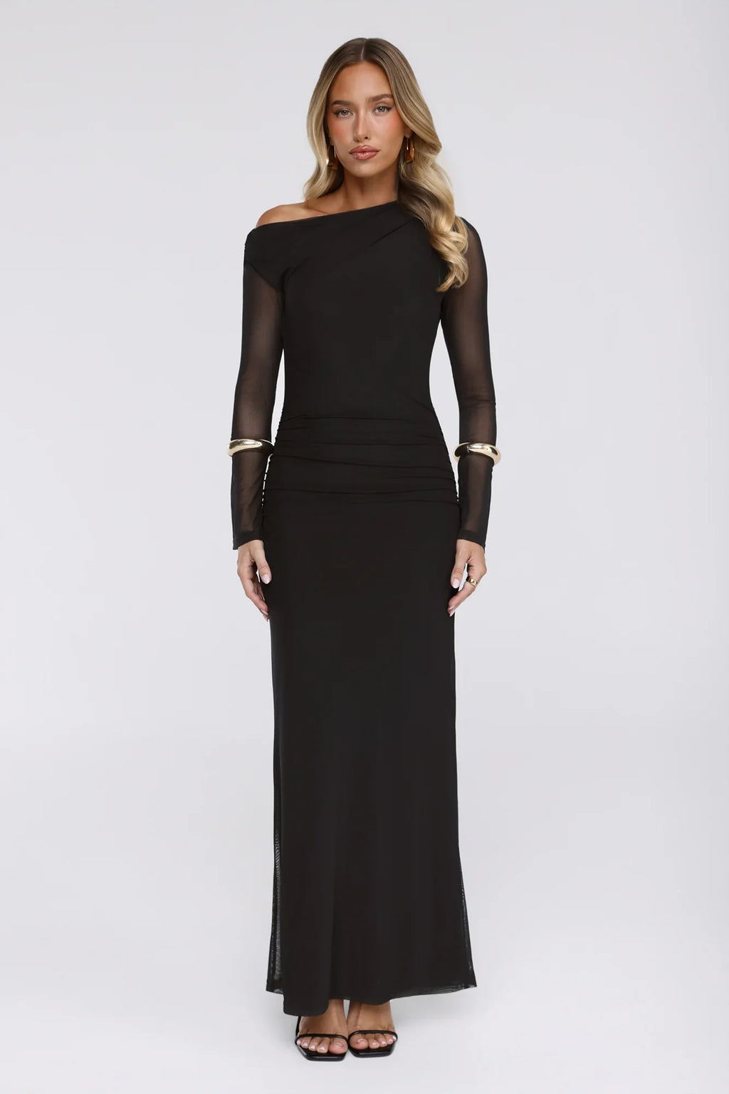 Effortlessly Influential Off Shoulder Mesh Long Sleeve Maxi Dress Black