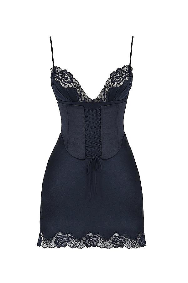navy satin slip dress
